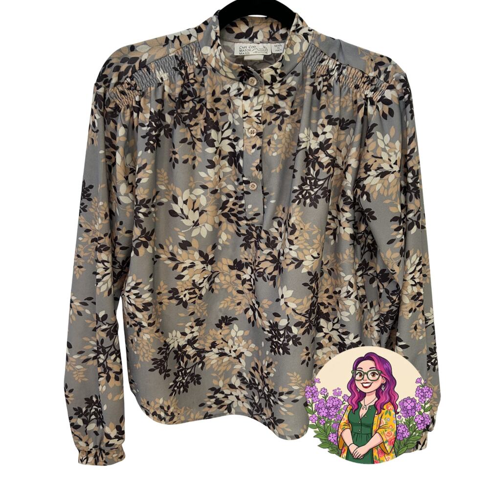VTG Cape Cod Match Mates Gray Floral Long Sleeve Blouse Retro Boho Career XL